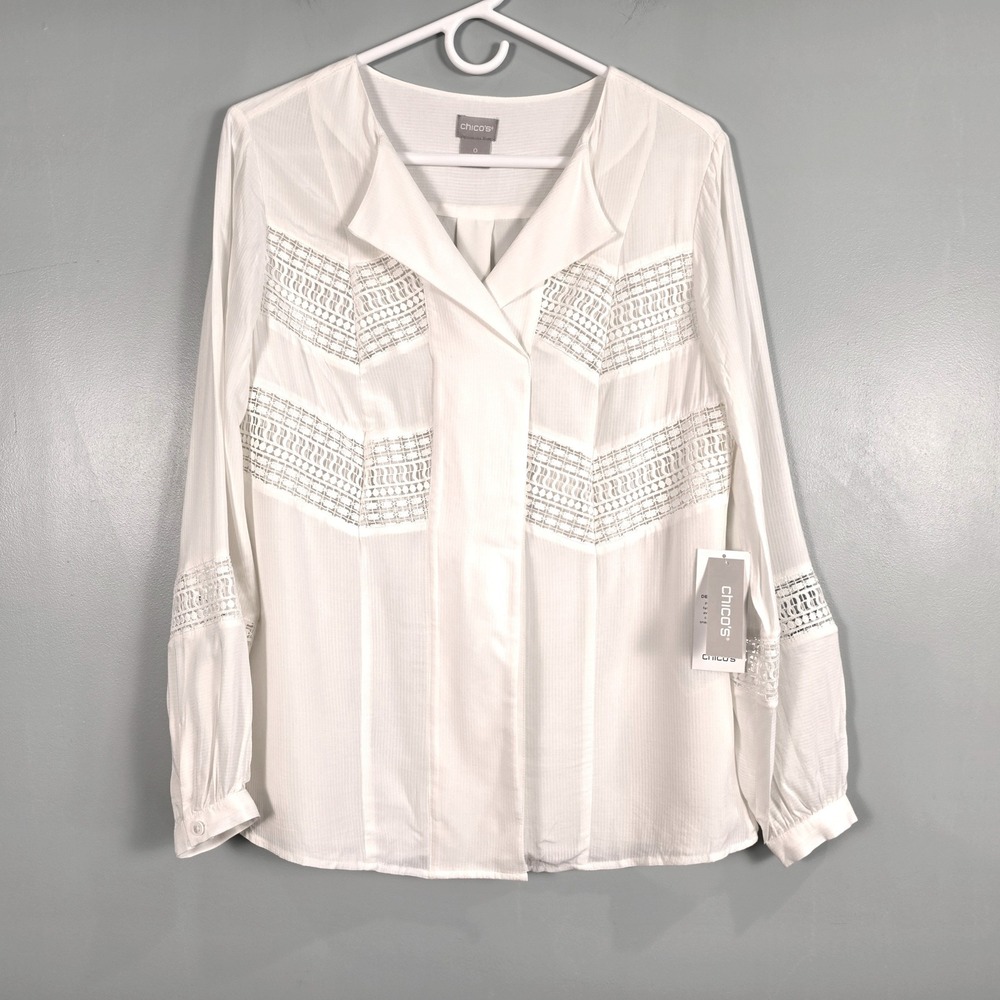 Chicos Ecru Ivory Lace Trim Pullover Blouse Long Sleeve Top 570268710 Size 0 NEW